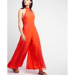 Free People Sweet Talkin Red‎ Orange Lace Jumpsuit